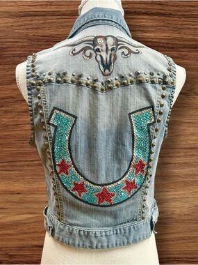 Handpainted upcycled Denim vest w metal studs sz MD rhinestone cowgirl western